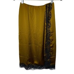 Victoria's Secret Lace Trim Satin Midi Skirt Women XS Gold Black Cocktail Glam